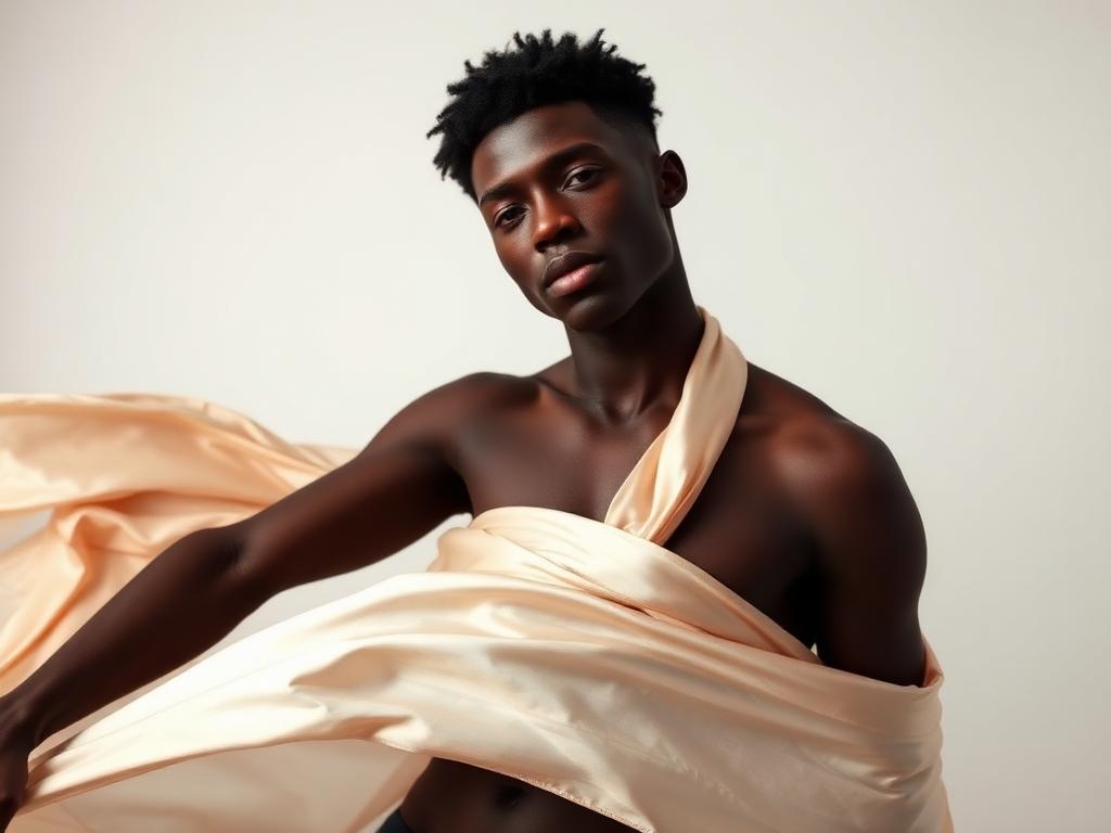 A model in a flowing silk shirt