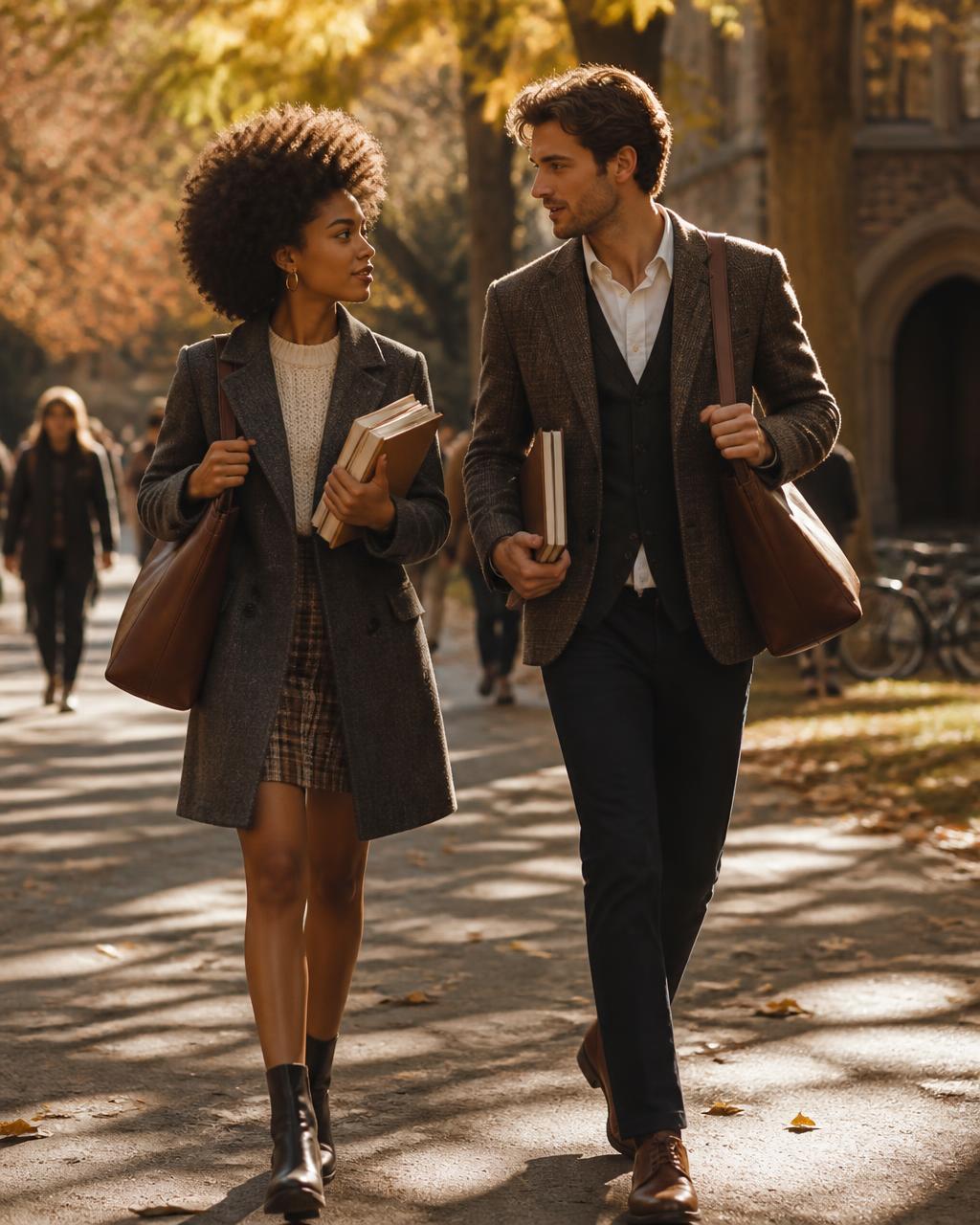 A student and a teacher walking across a sunlit autumn campus carrying leather totes and books