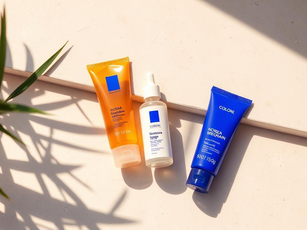 Korean sunscreen bottles arranged on a sunlit stone surface