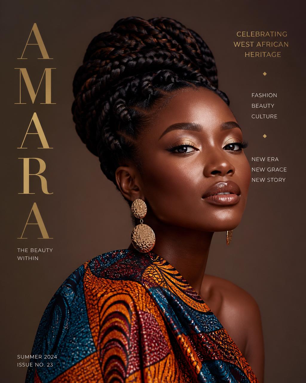 Portrait of a West African woman with sculptural braids and vibrant textile