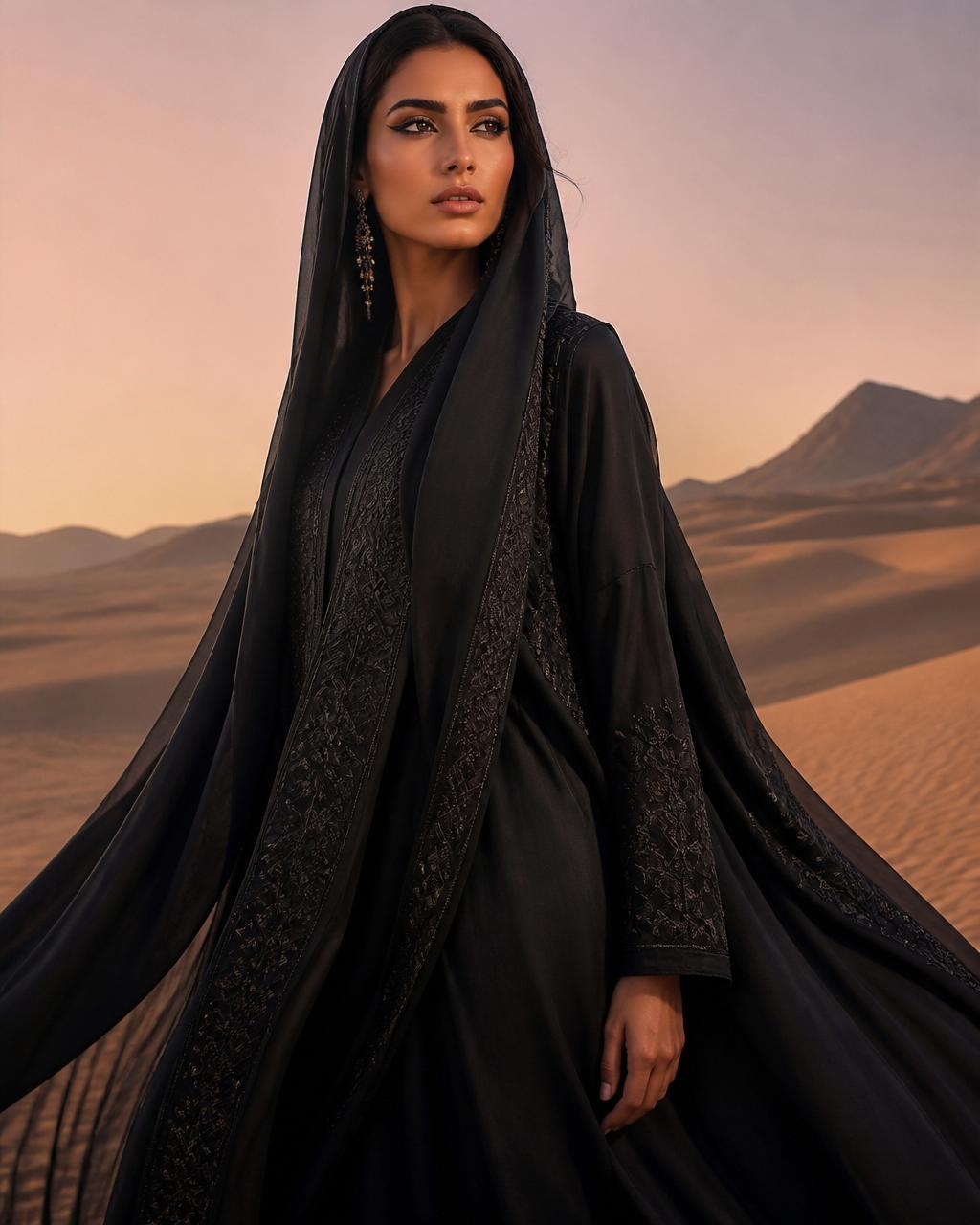 Portrait of a woman in an embroidered black abaya at desert dusk