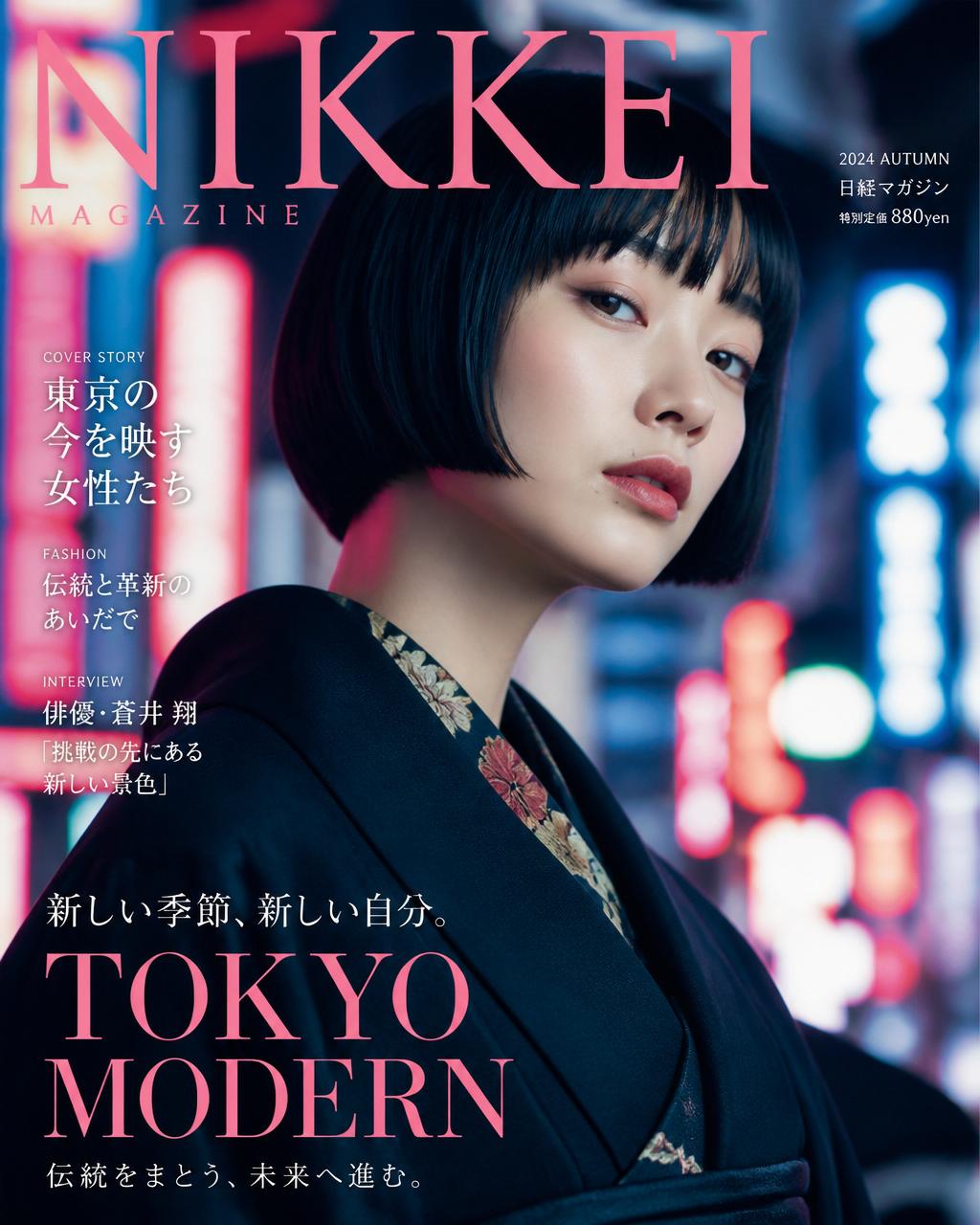 Portrait of a woman with sleek bob in modern minimal silhouette under Tokyo neon