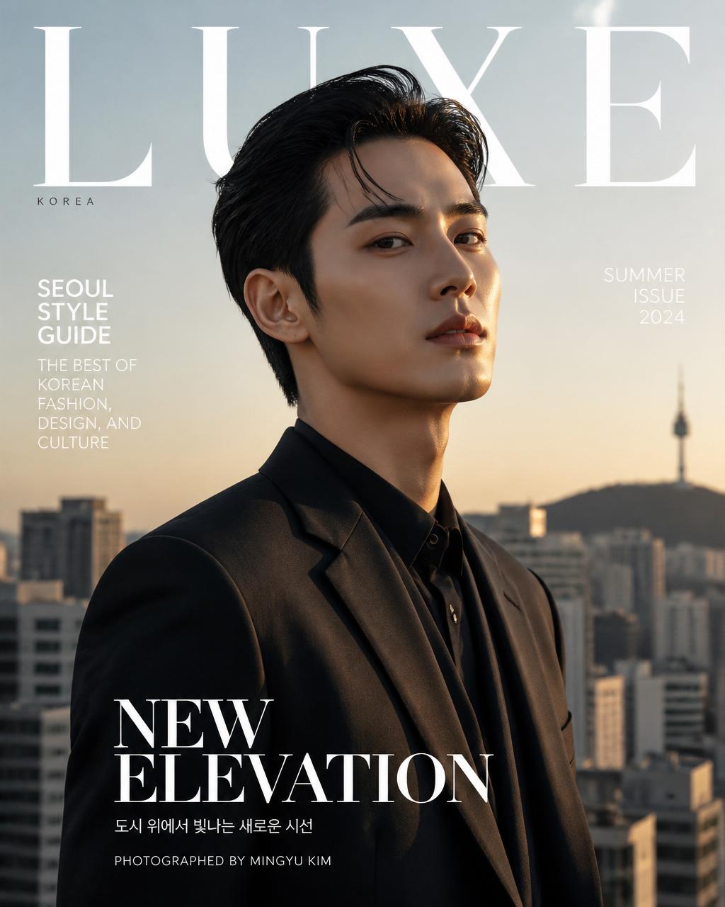 Portrait of a man in sharp modern tailoring on a Seoul rooftop