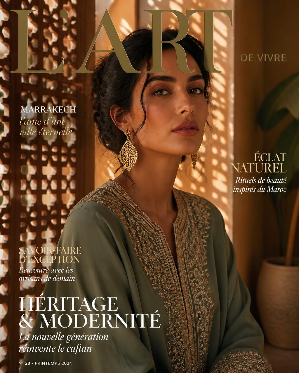 Portrait of a woman in an embroidered kaftan in a Marrakech courtyard