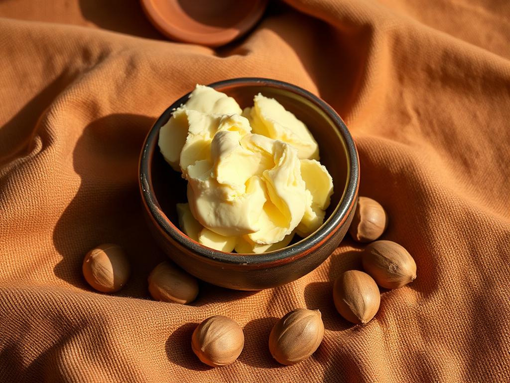 Raw unrefined shea butter in a ceramic bowl with shea nuts on earth-toned cloth